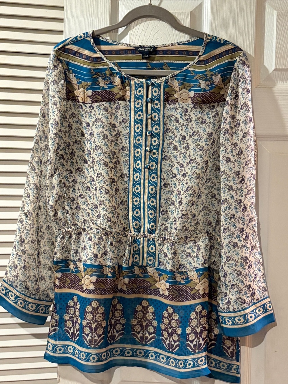 Lucky Brand Floral Border Print Rayon Boho Tunic Blouse L Folk Festival Flowy